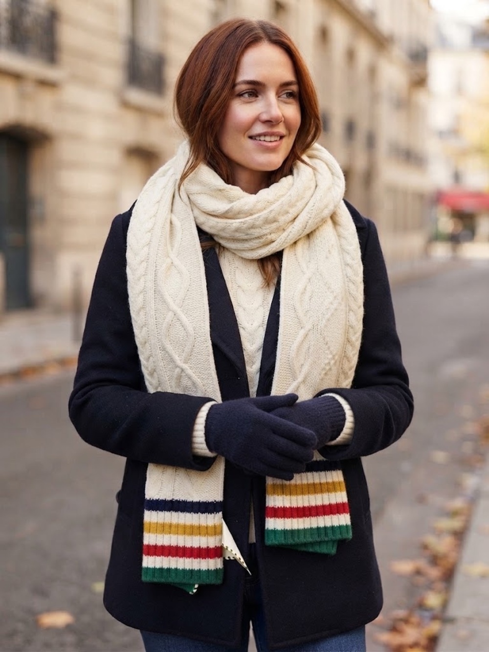 Hudson Bay's Company Cable Knit Scarf with Multicolor Strip Trim - #170